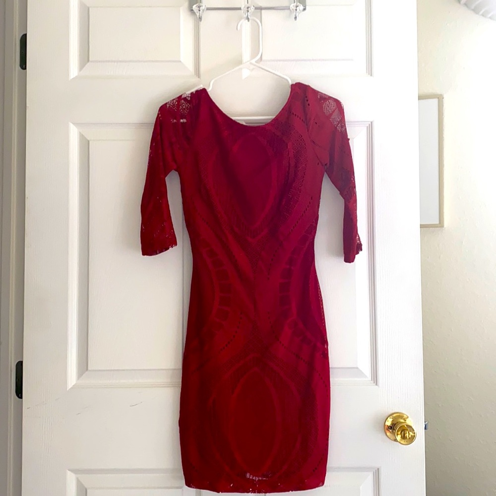 Red lace midi 3/4 sleeve dress